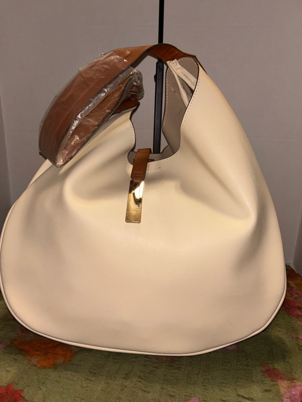 Cream Loulu Leather Hobo Shoulder Bag with Tan Accents